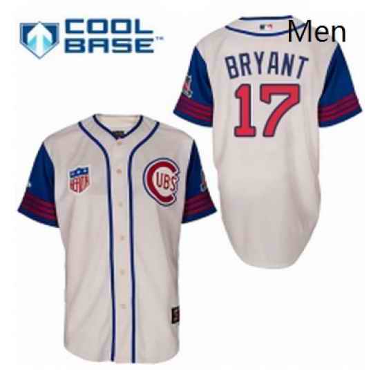 Mens Majestic Chicago Cubs 17 Kris Bryant Authentic CreamBlue 1942 Turn Back The Clock MLB Jersey